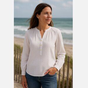 LOFT White Cotton Top Women's Small Button-Up Swiss Dot Long Sleeve Coastal